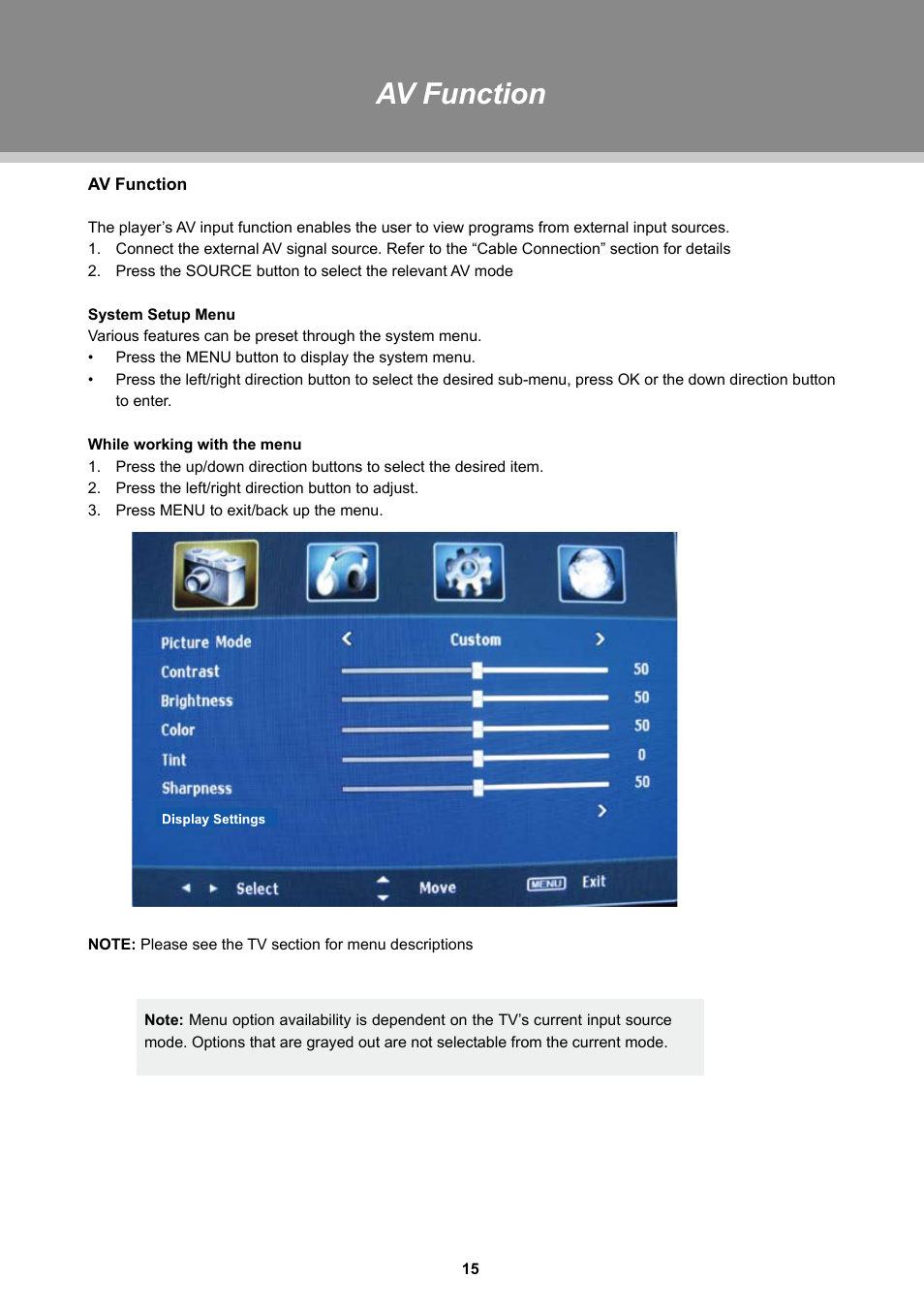 Av function | Dolby Laboratories TFDVD 3295 User Manual | Page 20 / 30