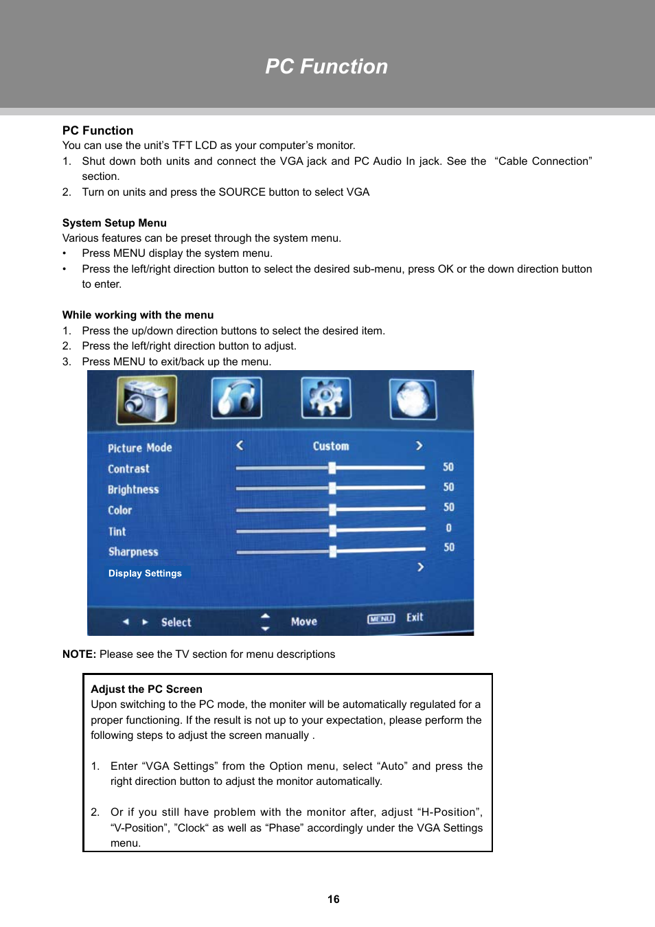 Pc function | Dolby Laboratories TFDVD 3295 User Manual | Page 21 / 30