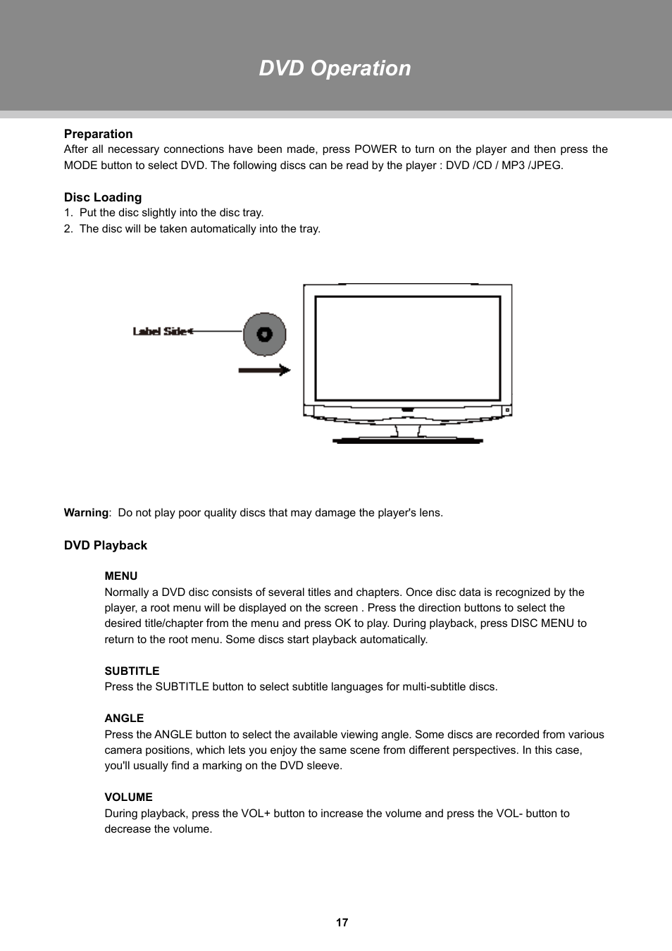 Dvd operation | Dolby Laboratories TFDVD 3295 User Manual | Page 22 / 30