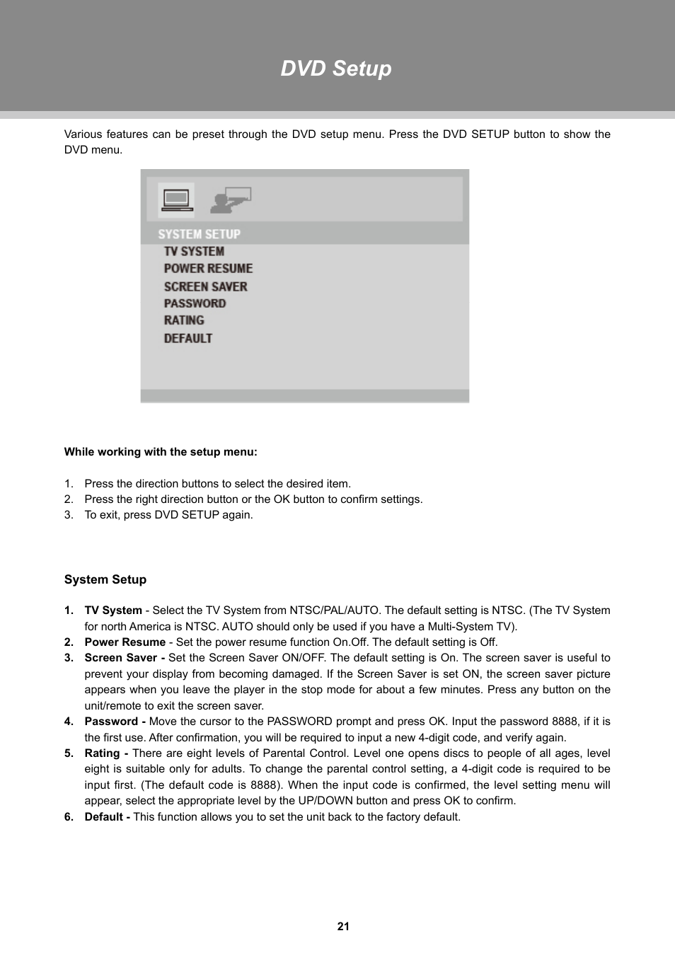 Dvd setup | Dolby Laboratories TFDVD 3295 User Manual | Page 26 / 30