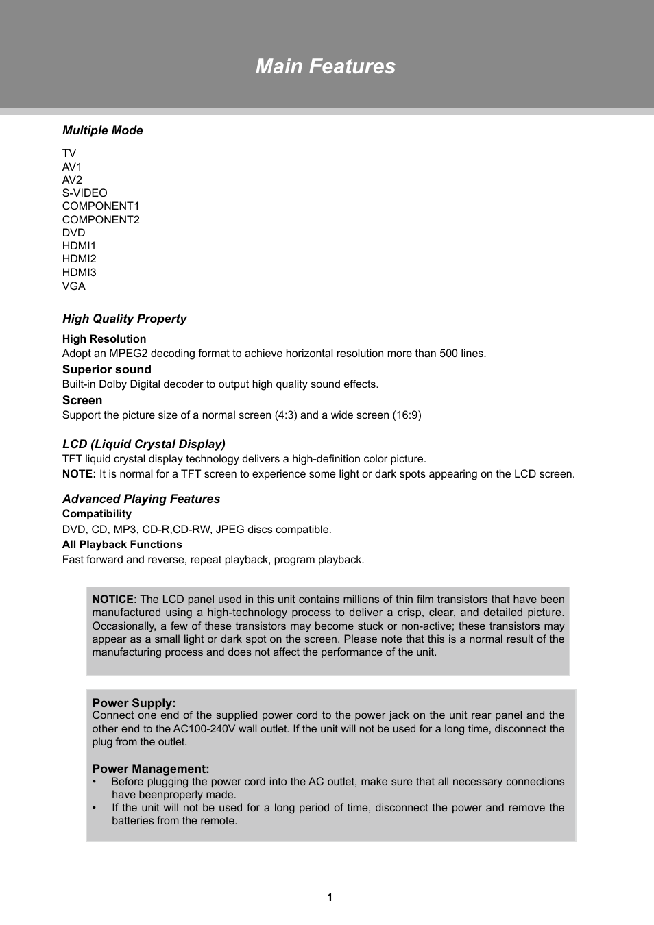 Main features | Dolby Laboratories TFDVD 3295 User Manual | Page 6 / 30