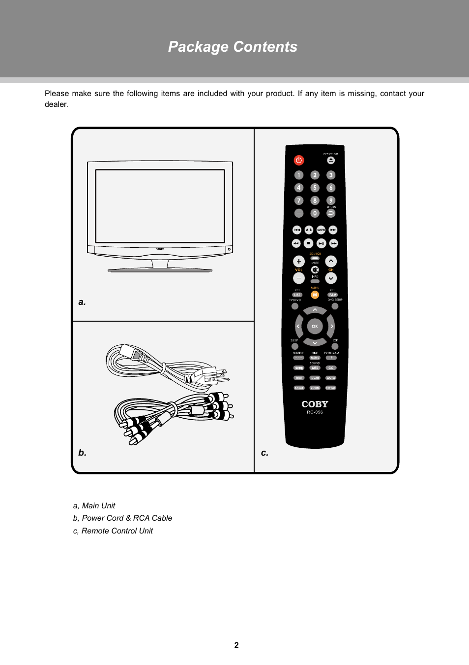 Package contents | Dolby Laboratories TFDVD 3295 User Manual | Page 7 / 30