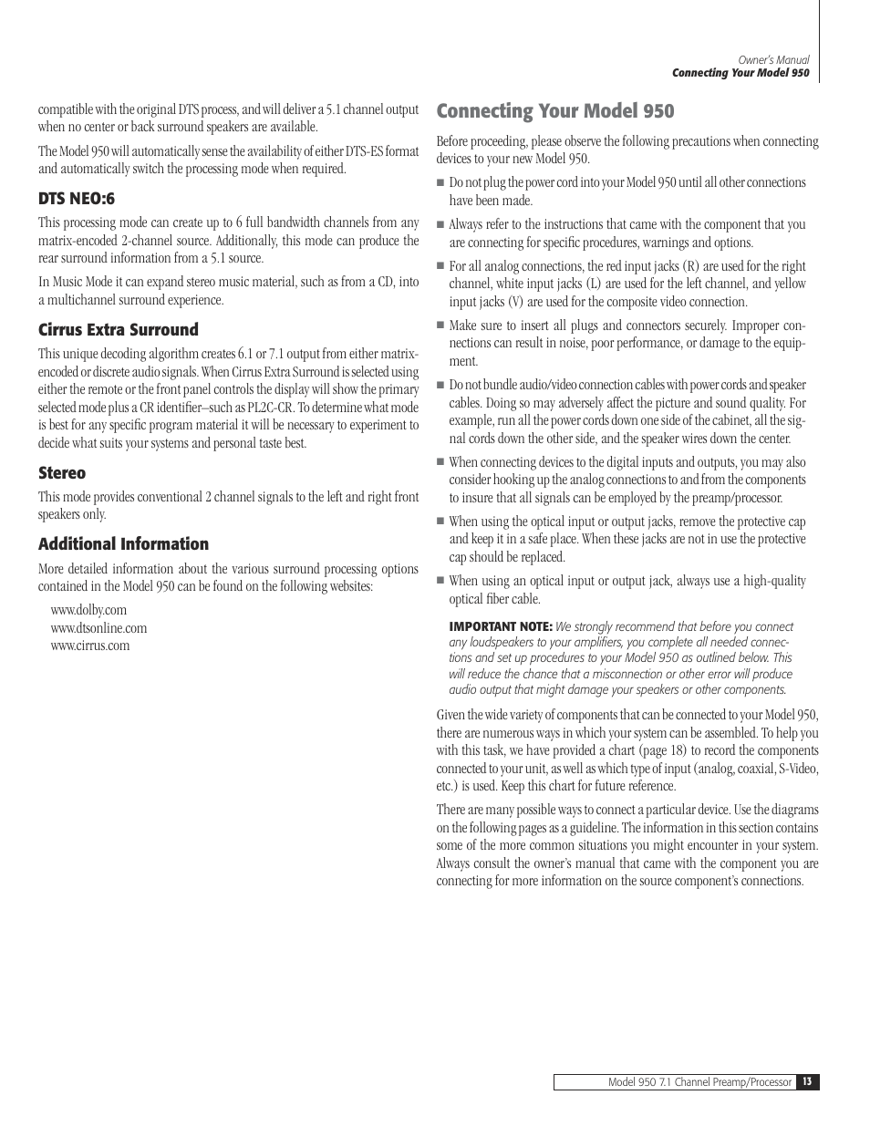13 dts ne, 13 cirrus extra surro, 13 ste | 13 additional informat, 13 connecting your model, Dts neo:6, Cirrus extra surround, Stereo, Additional information, Connecting your model 950 | Dolby Laboratories 950 7.1 User Manual | Page 13 / 48