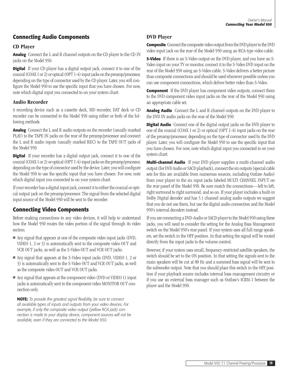 19 connecting audio compone, 19 cd pla, 19 audio recor | 19 connecting video compone, 19 dvd pla, Connecting audio components, Cd player, Audio recorder, Connecting video components, Dvd player | Dolby Laboratories 950 7.1 User Manual | Page 19 / 48