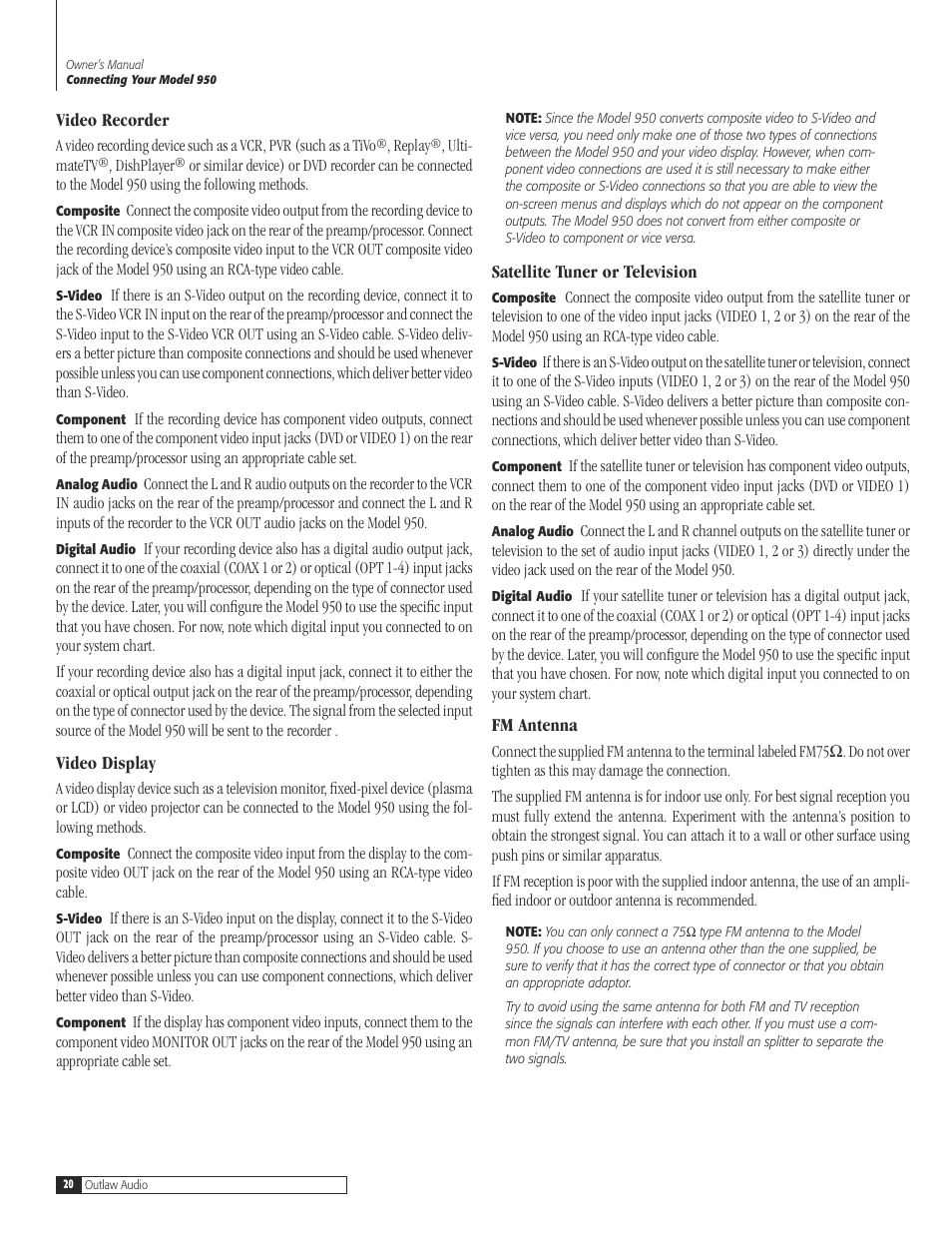 20 video recor, 20 video disp, 20 satellite tuner or televis | 20 fm ante, Video recorder, Video display, Satellite tuner or television, Fm antenna | Dolby Laboratories 950 7.1 User Manual | Page 20 / 48