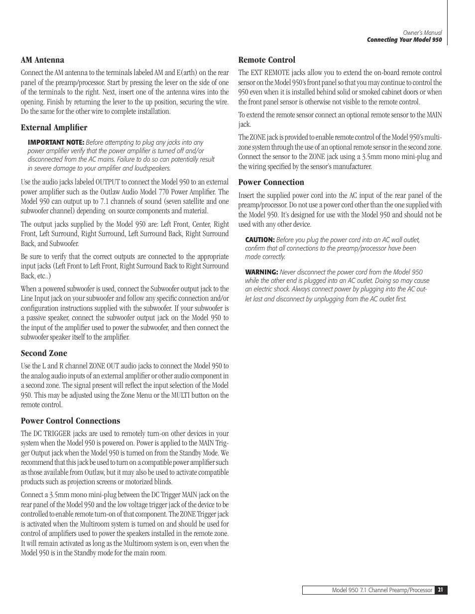 21 am ante, 21 external amplif, 21 second z | 21 power control connecti, 21 remote cont, 21 power connect, Am antenna, External amplifier, Second zone, Power control connections | Dolby Laboratories 950 7.1 User Manual | Page 21 / 48