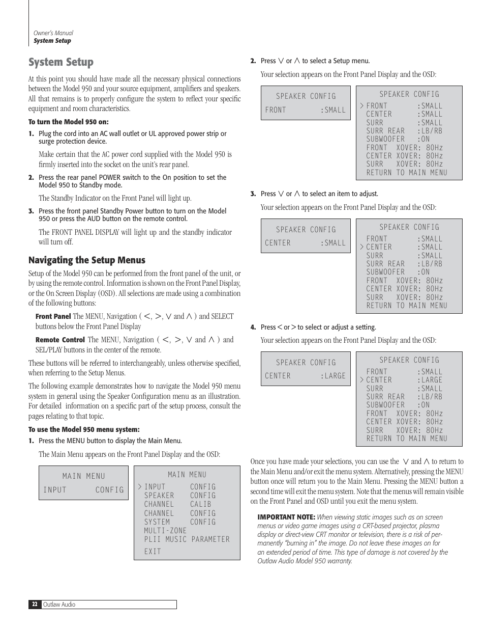 22 system se, 22 navigating the setup me, System setup 22 | Navigating the setup menus, System setup | Dolby Laboratories 950 7.1 User Manual | Page 22 / 48