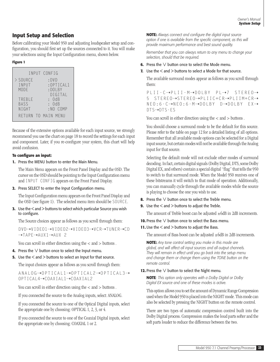 23 input setup and select, Input setup and selection | Dolby Laboratories 950 7.1 User Manual | Page 23 / 48