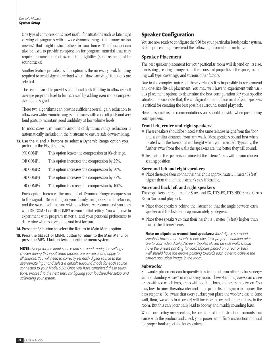 24 speaker configurat, 24 speaker placem, Speaker configuration | Speaker placement | Dolby Laboratories 950 7.1 User Manual | Page 24 / 48
