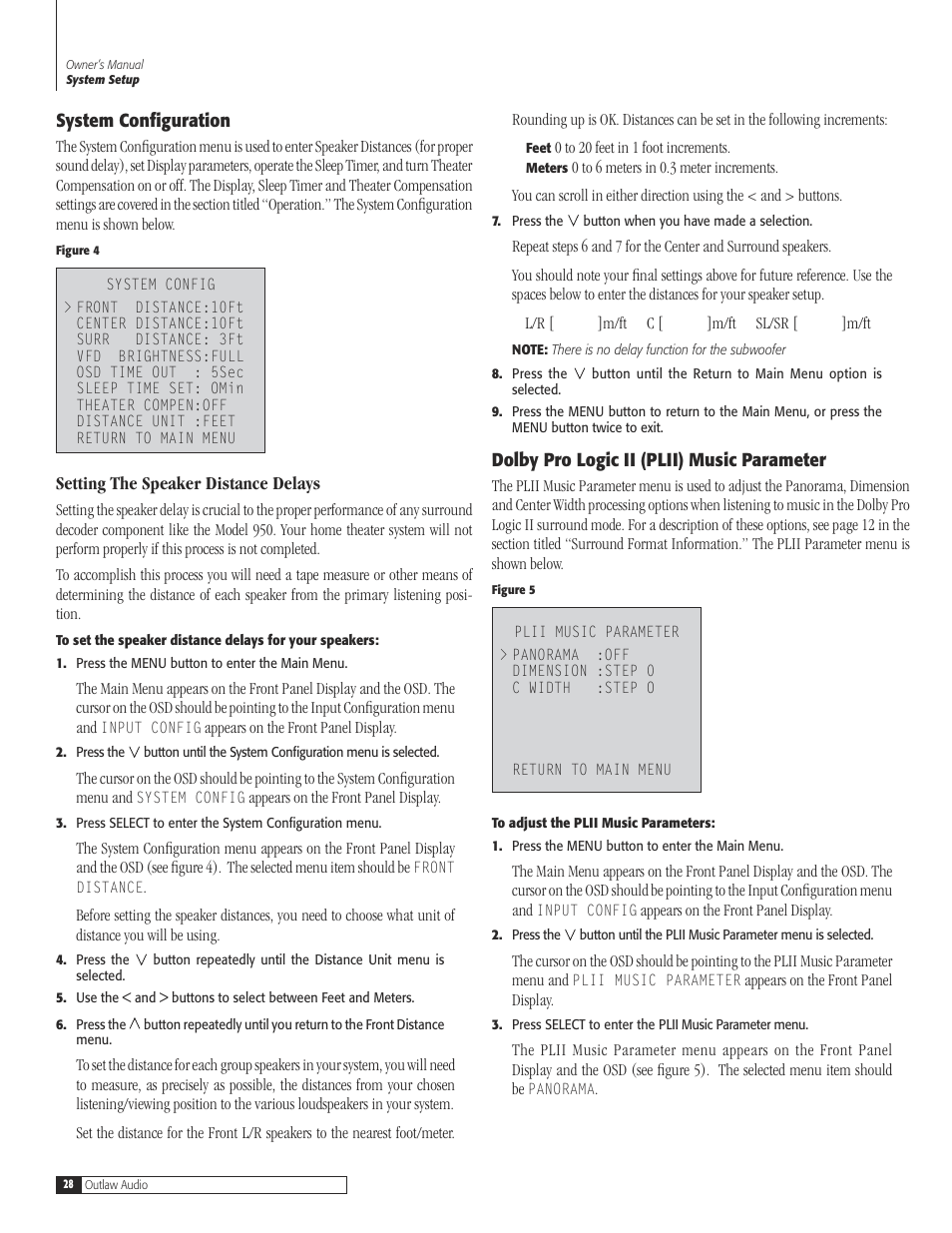 28 system configurat, 28 dolby pro logic ii (plii) music parame, System configuration | Dolby pro logic ii (plii) music parameter | Dolby Laboratories 950 7.1 User Manual | Page 28 / 48