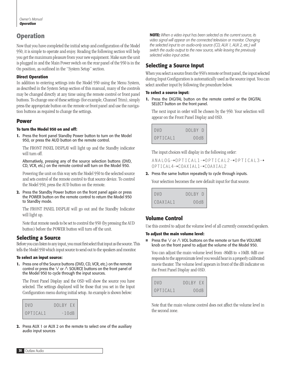 30 operat, 30 po, 30 selecting a source in | 30 volume cont, Operation 30, Power, Selecting a source input, Volume control, Operation | Dolby Laboratories 950 7.1 User Manual | Page 30 / 48