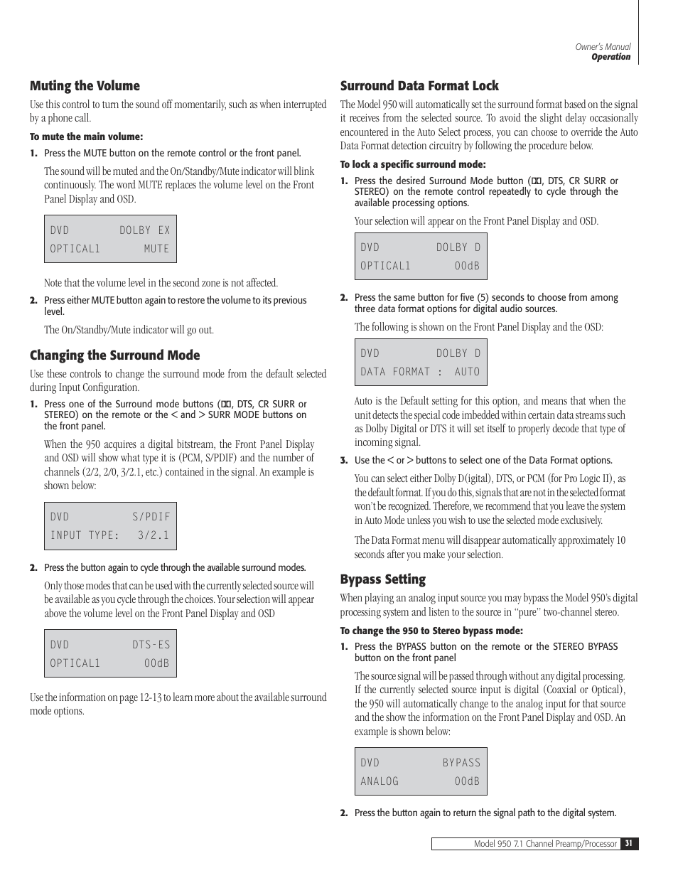 31 muting the vol, 31 changing the surround m, 31 data format opti | 31 bypass sett, Muting the volume, Changing the surround mode, Data format options, Bypass setting | Dolby Laboratories 950 7.1 User Manual | Page 31 / 48