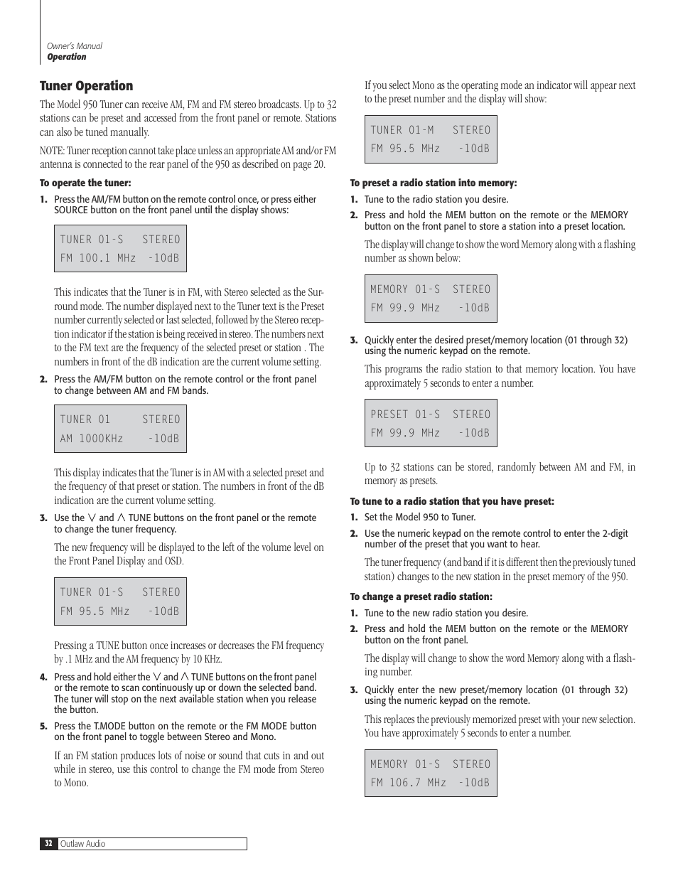 32 tuner operat, Tuner operation | Dolby Laboratories 950 7.1 User Manual | Page 32 / 48