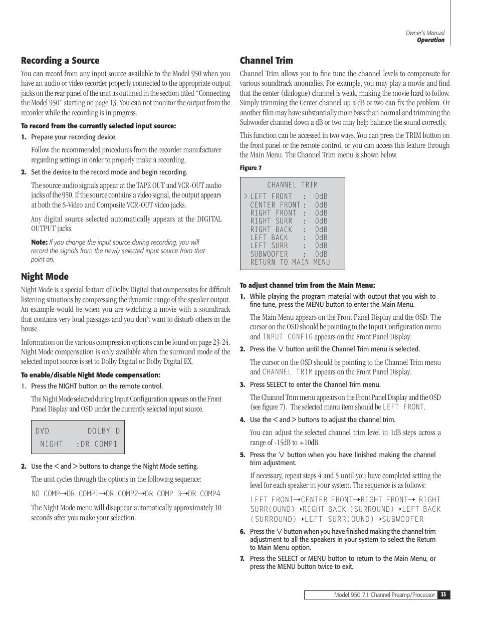 33 recording a sou, 33 night m, 33 channel t | Recording a source, Night mode, Channel trim | Dolby Laboratories 950 7.1 User Manual | Page 33 / 48
