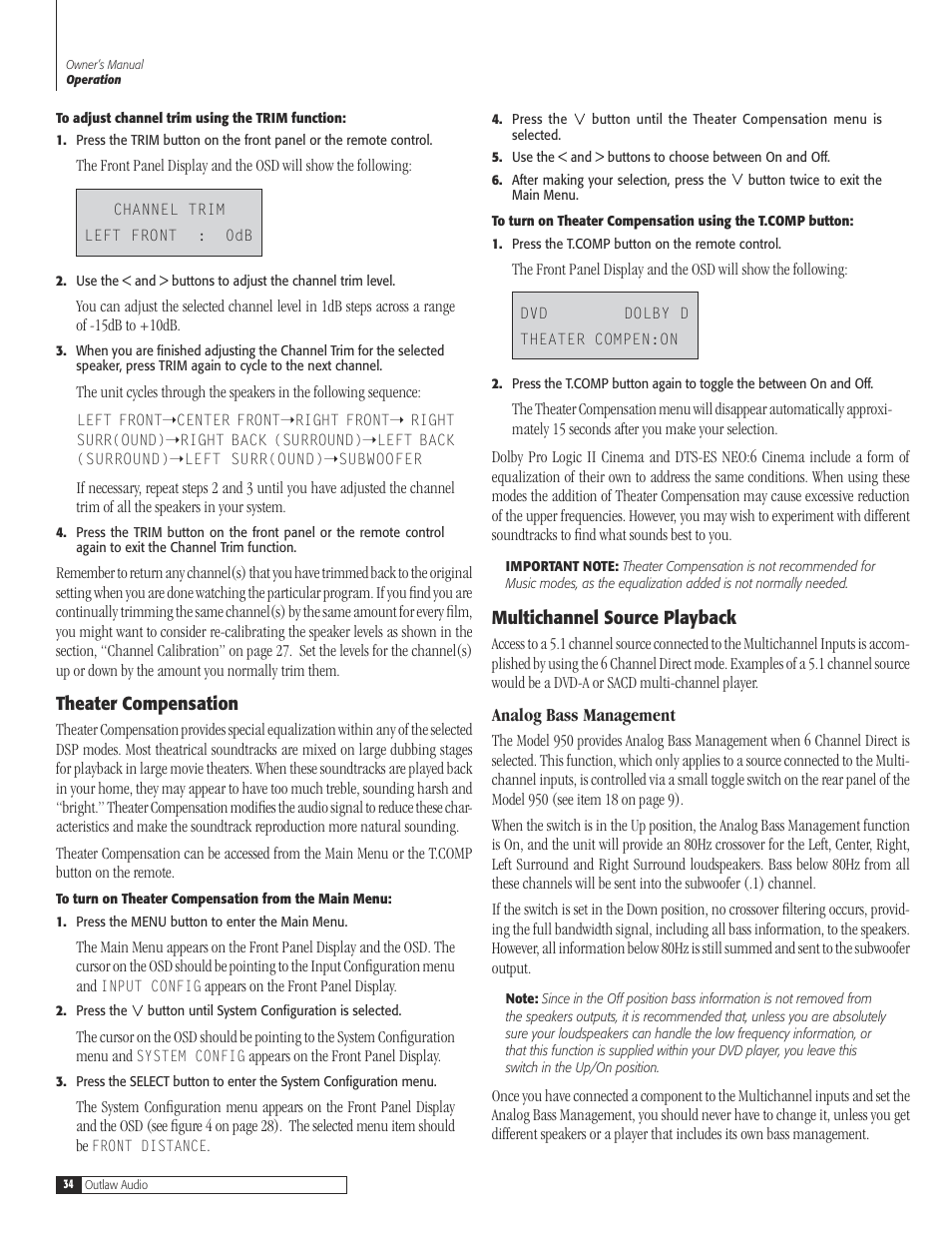 34 theater compensat, 34 multichannel source playb, 34 analog bass managem | Theater compensation, Multichannel source playback, Analog bass management | Dolby Laboratories 950 7.1 User Manual | Page 34 / 48