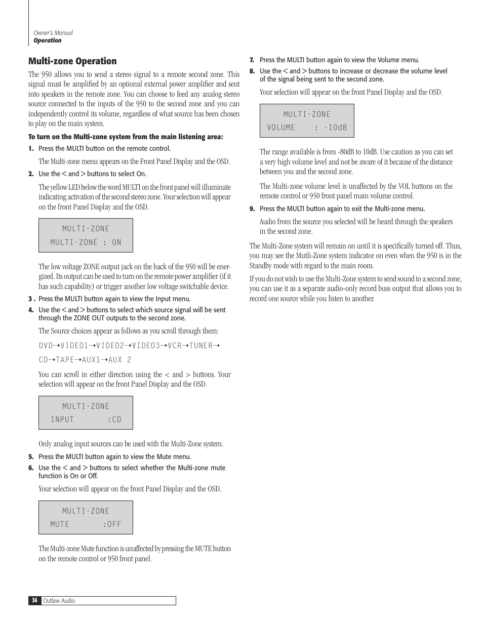 36 multizone operat, Multizone operation | Dolby Laboratories 950 7.1 User Manual | Page 36 / 48