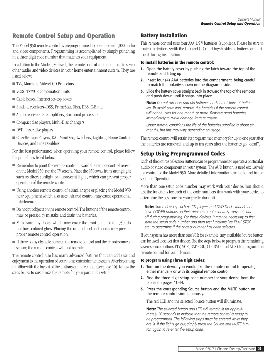 37 remote control setup and operat, 37 battery installat, 37 setup using preprogrammed co | Remote control setup and operation 37, Battery installation, Setup using preprogrammed codes, Remote control setup and operation | Dolby Laboratories 950 7.1 User Manual | Page 37 / 48