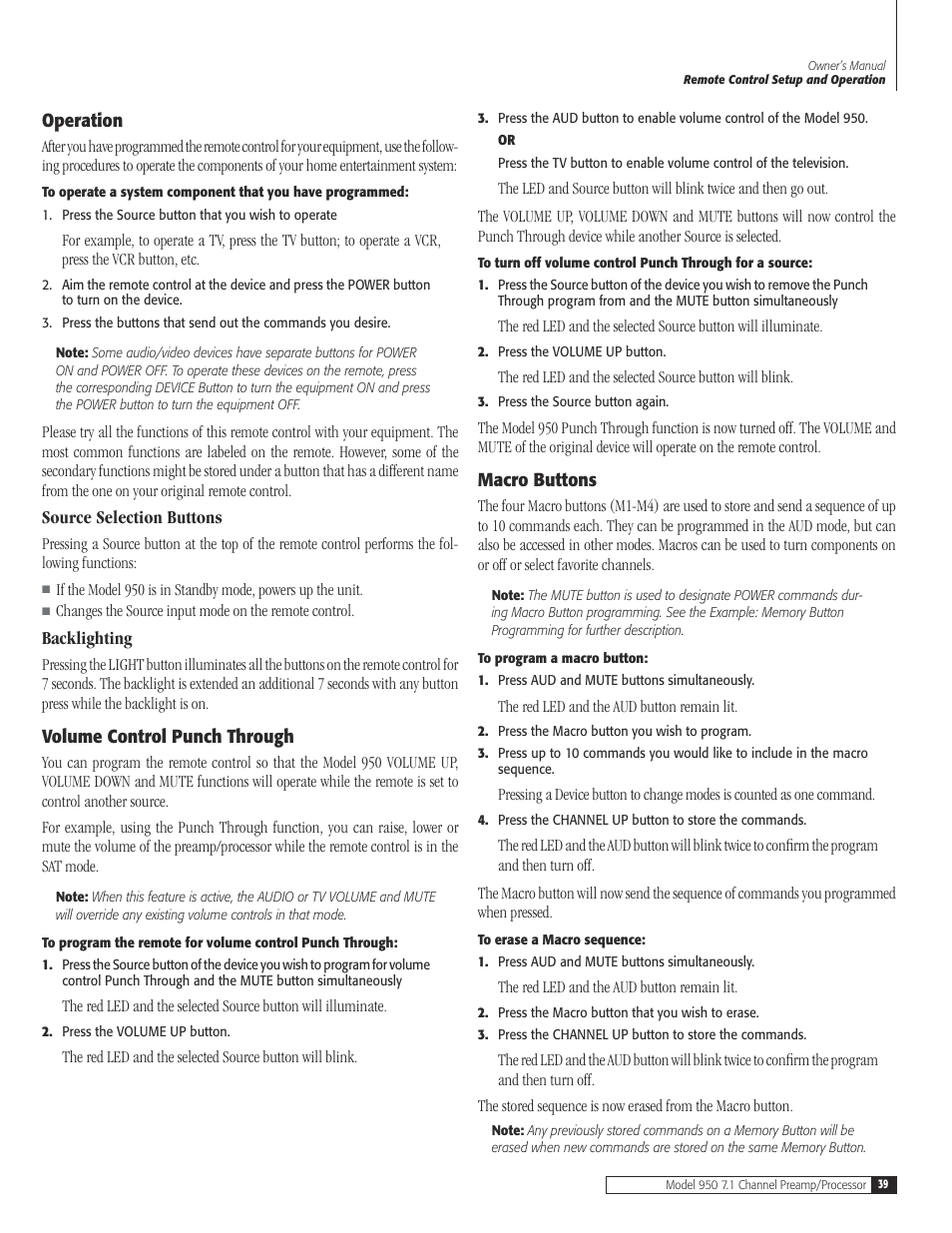 39 operat, 39 source selection butt, 39 backlight | 39 volume control punch thro, 39 macro butt, Operation, Source selection buttons, Backlighting, Volume control punch through, Macro buttons | Dolby Laboratories 950 7.1 User Manual | Page 39 / 48