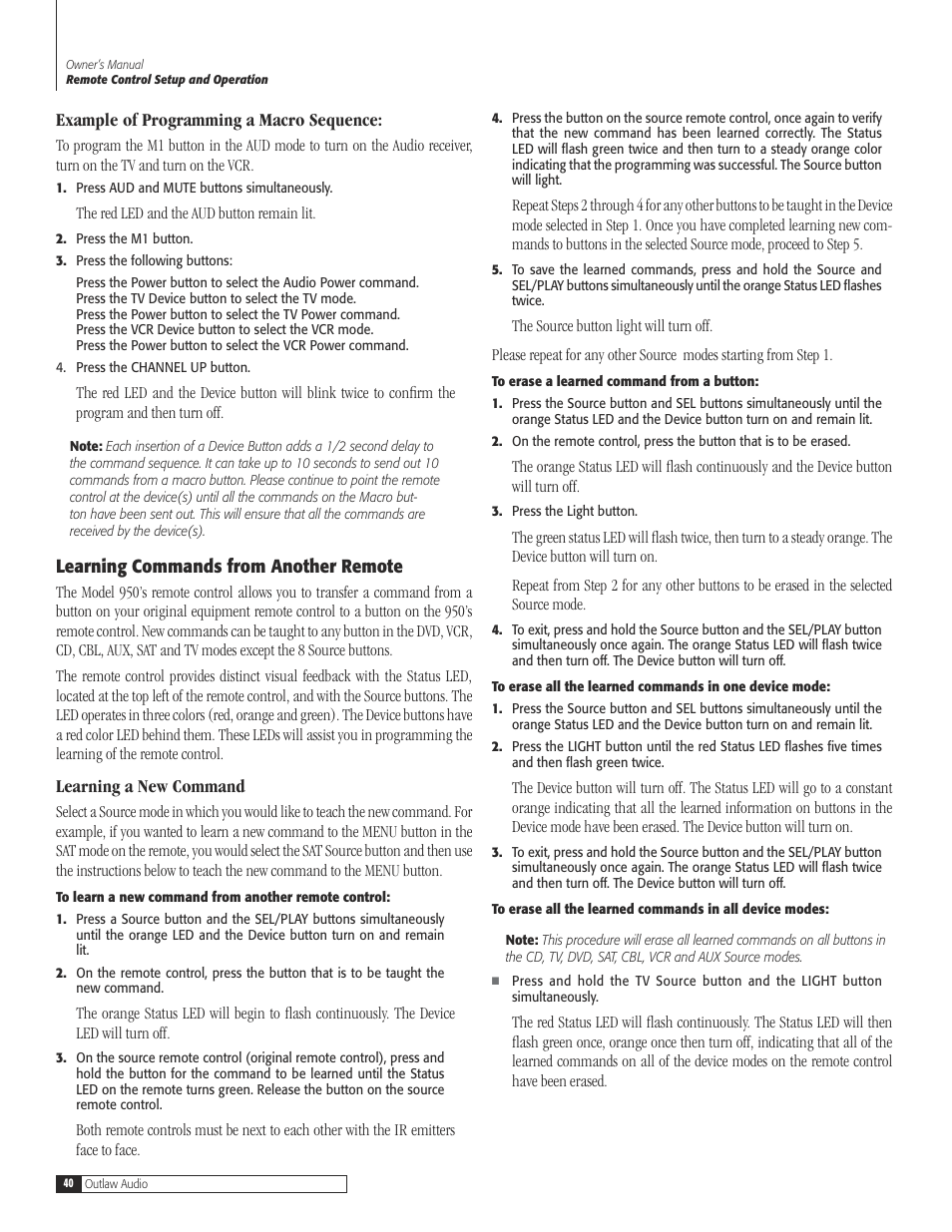 40 example of programming a macro sequen, 40 learning commands from another rem, 40 learning a new comma | Example of programming a macro sequence, Learning commands from another remote, Learning a new command | Dolby Laboratories 950 7.1 User Manual | Page 40 / 48