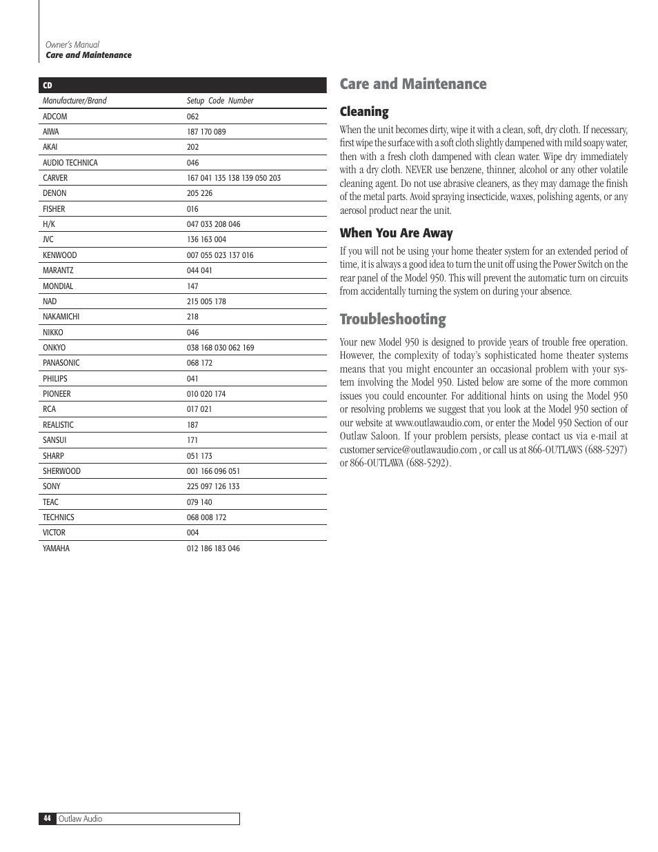 44 care and maintena, 44 clean, 44 when you are a | 44 troubleshoot, Care and maintenance 44, Cleaning, When you are away, Troubleshooting, Care and maintenance | Dolby Laboratories 950 7.1 User Manual | Page 44 / 48