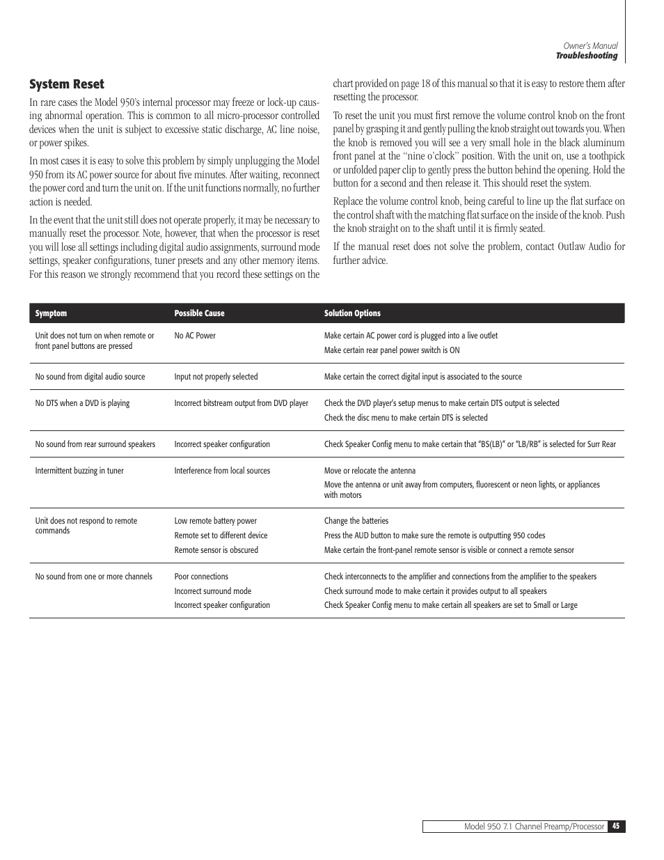 45 system re, System reset | Dolby Laboratories 950 7.1 User Manual | Page 45 / 48