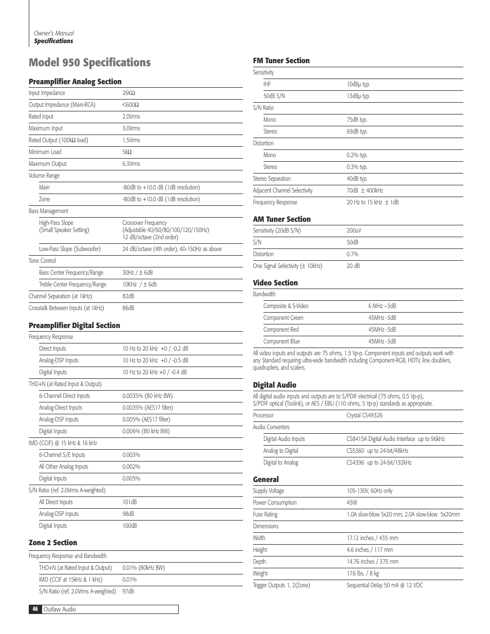 46 model 950 specificatio, Model 950 specifications | Dolby Laboratories 950 7.1 User Manual | Page 46 / 48