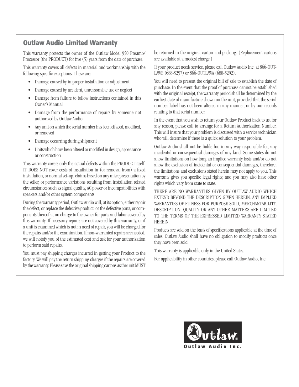 48 outlaw audio limited warra, Outlaw audio limited warranty | Dolby Laboratories 950 7.1 User Manual | Page 48 / 48
