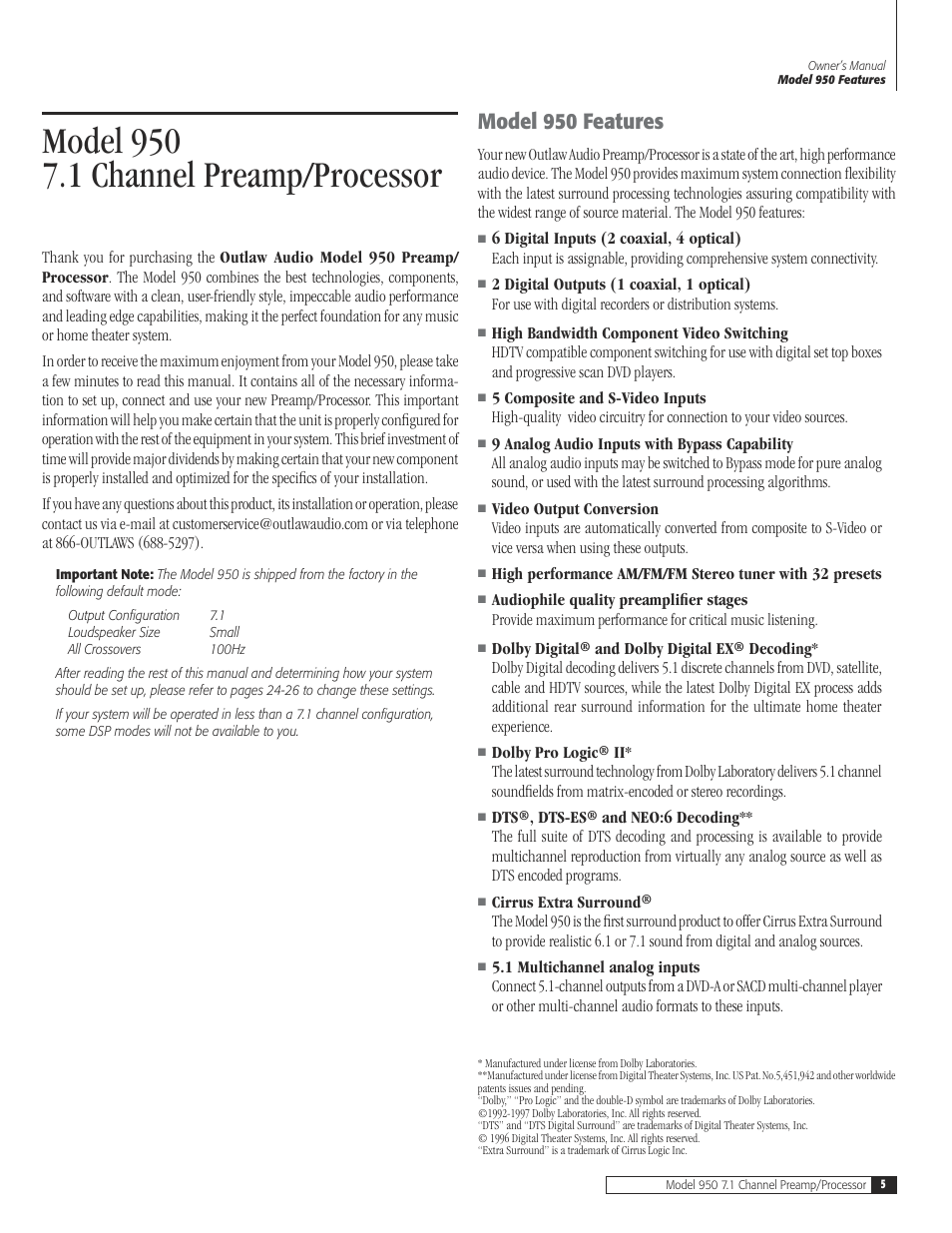 5 model 950 featur, Model 950 features | Dolby Laboratories 950 7.1 User Manual | Page 5 / 48