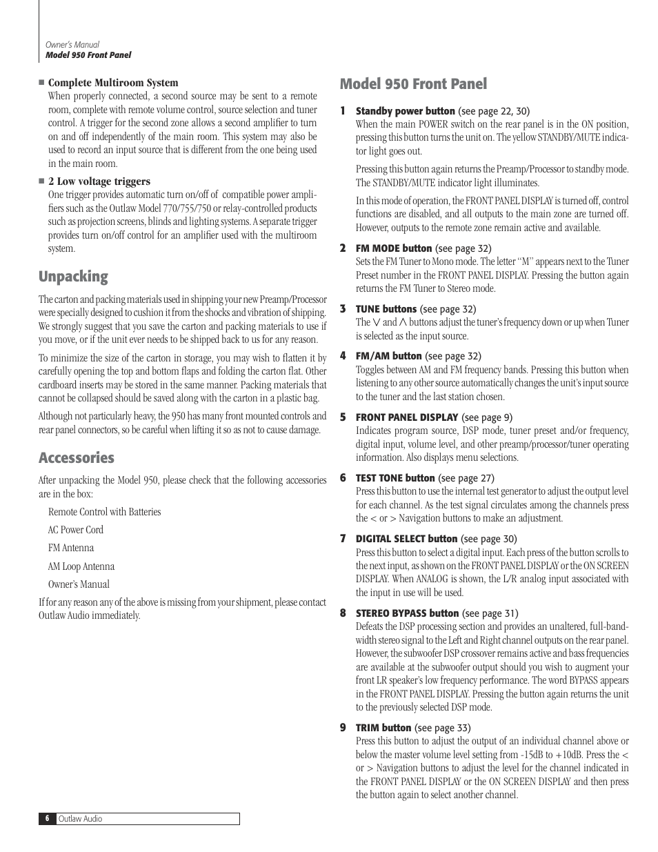 6 unpacki, 6 accessori, 6 model 950 front pan | Unpacking, Accessories, Model 950 front panel | Dolby Laboratories 950 7.1 User Manual | Page 6 / 48