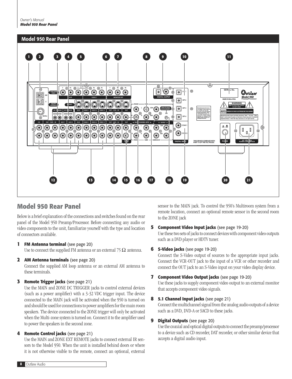8 model 950 rear pan, Model 950 rear panel, Fm antenna terminal (see page 20) | Am antenna terminals (see page 20), Remote trigger jacks (see page 21), Remote control jacks (see page 21), Component video input jacks (see page 19-20), S-video jacks (see page 19-20), Component video output jacks (see page 19-20), 1 channel input jacks (see page 21) | Dolby Laboratories 950 7.1 User Manual | Page 8 / 48