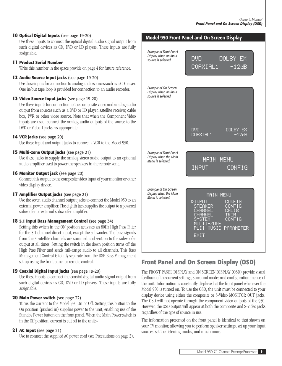 9 front panel and on screen display (os, Front panel and on screen display (osd) | Dolby Laboratories 950 7.1 User Manual | Page 9 / 48