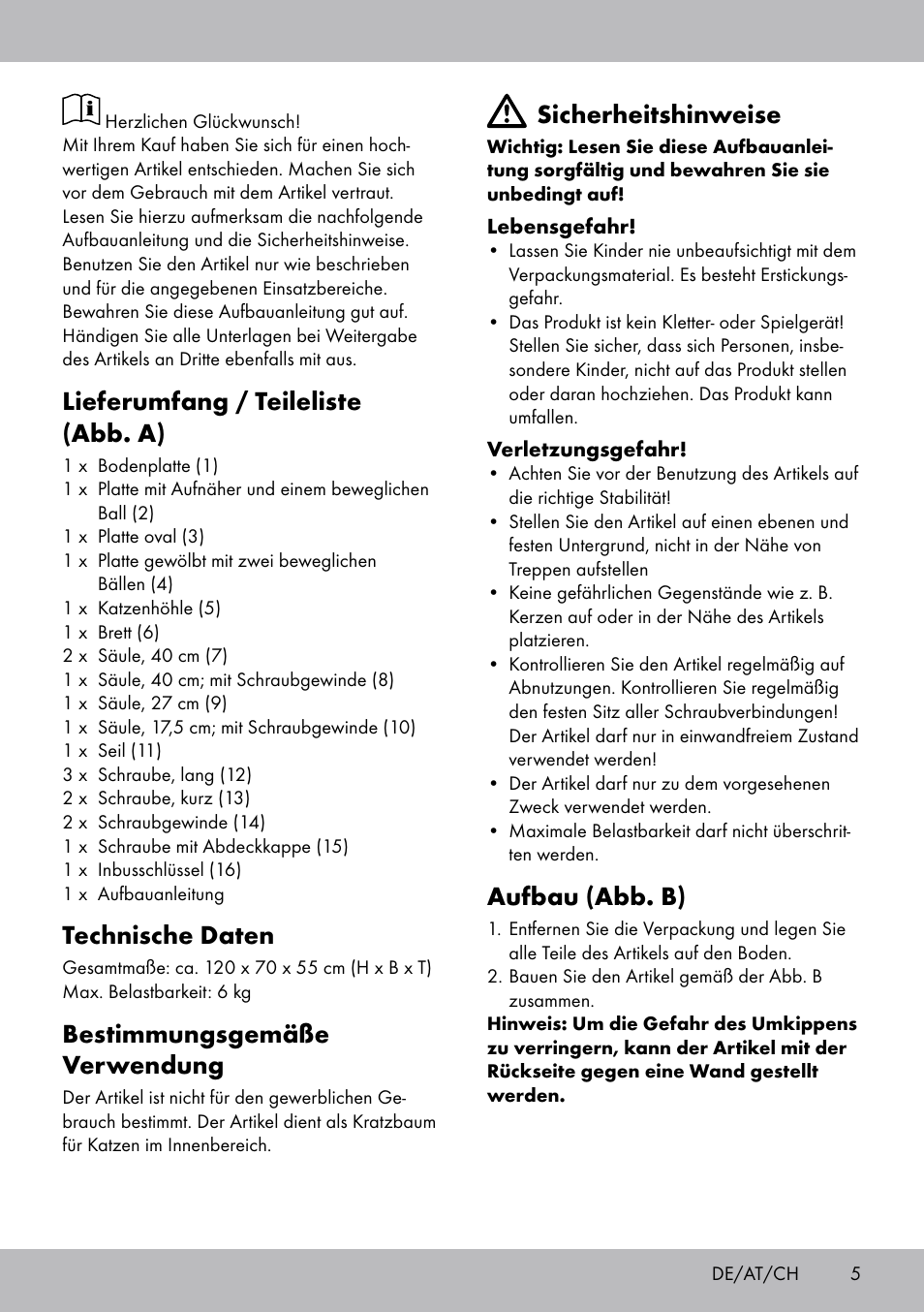 Sicherheitshinweise, Aufbau (abb. b), Lieferumfang / teileliste (abb. a) | Technische daten, Bestimmungsgemäße verwendung | Zoofari Cat Scratching Post User Manual | Page 3 / 14