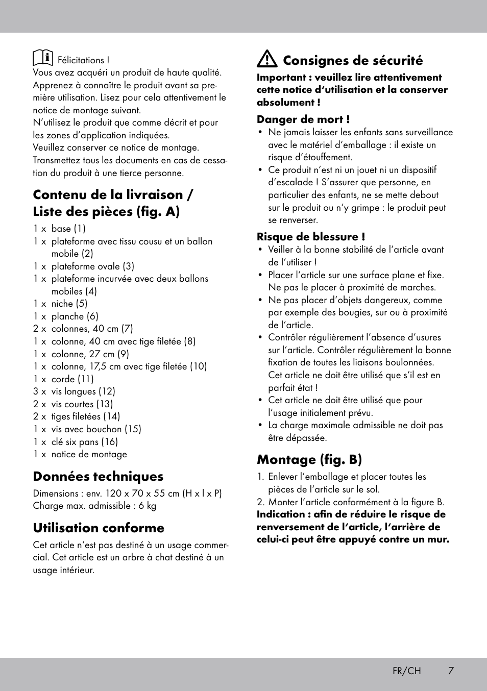 Données techniques, Utilisation conforme, Consignes de sécurité | Montage (fig. b) | Zoofari Cat Scratching Post User Manual | Page 5 / 14