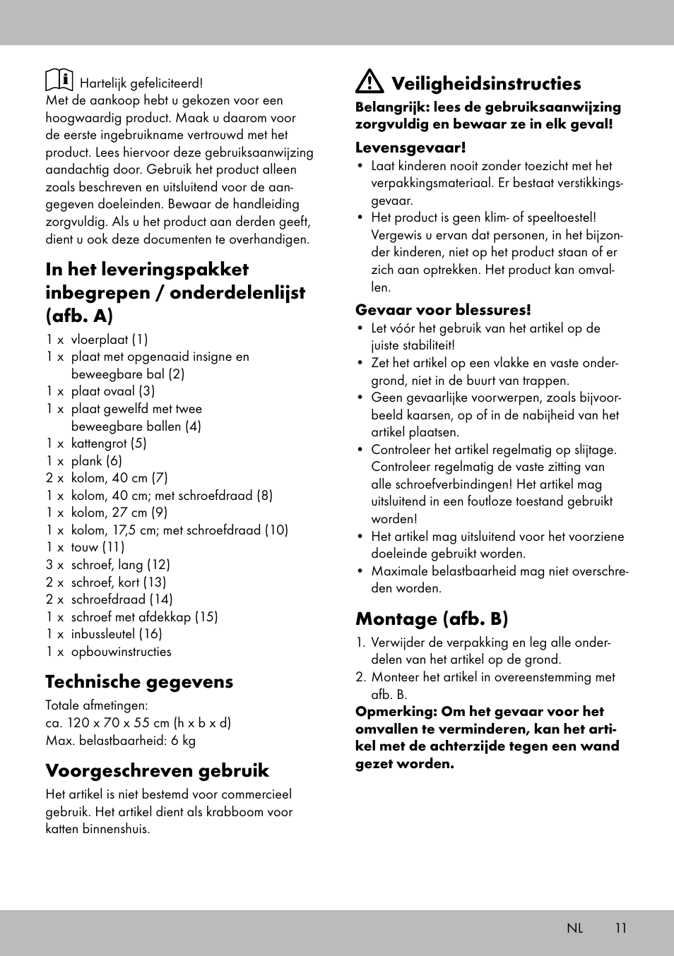 Technische gegevens, Voorgeschreven gebruik, Veiligheidsinstructies | Montage (afb. b) | Zoofari Cat Scratching Post User Manual | Page 9 / 14