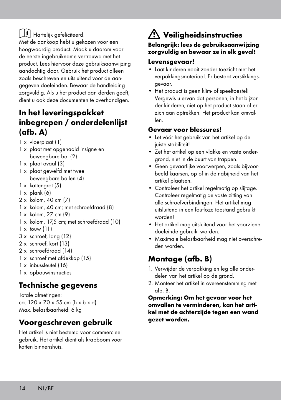 Technische gegevens, Voorgeschreven gebruik, Veiligheidsinstructies | Montage (afb. b) | Zoofari Cat Scratching Post User Manual | Page 12 / 18