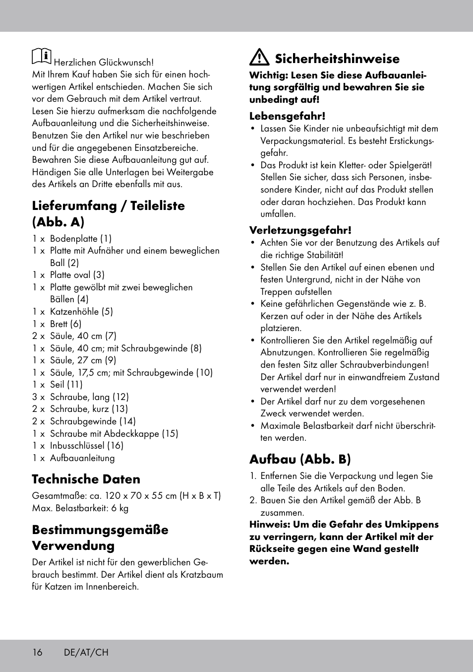 Sicherheitshinweise, Aufbau (abb. b), Lieferumfang / teileliste (abb. a) | Technische daten, Bestimmungsgemäße verwendung | Zoofari Cat Scratching Post User Manual | Page 14 / 18