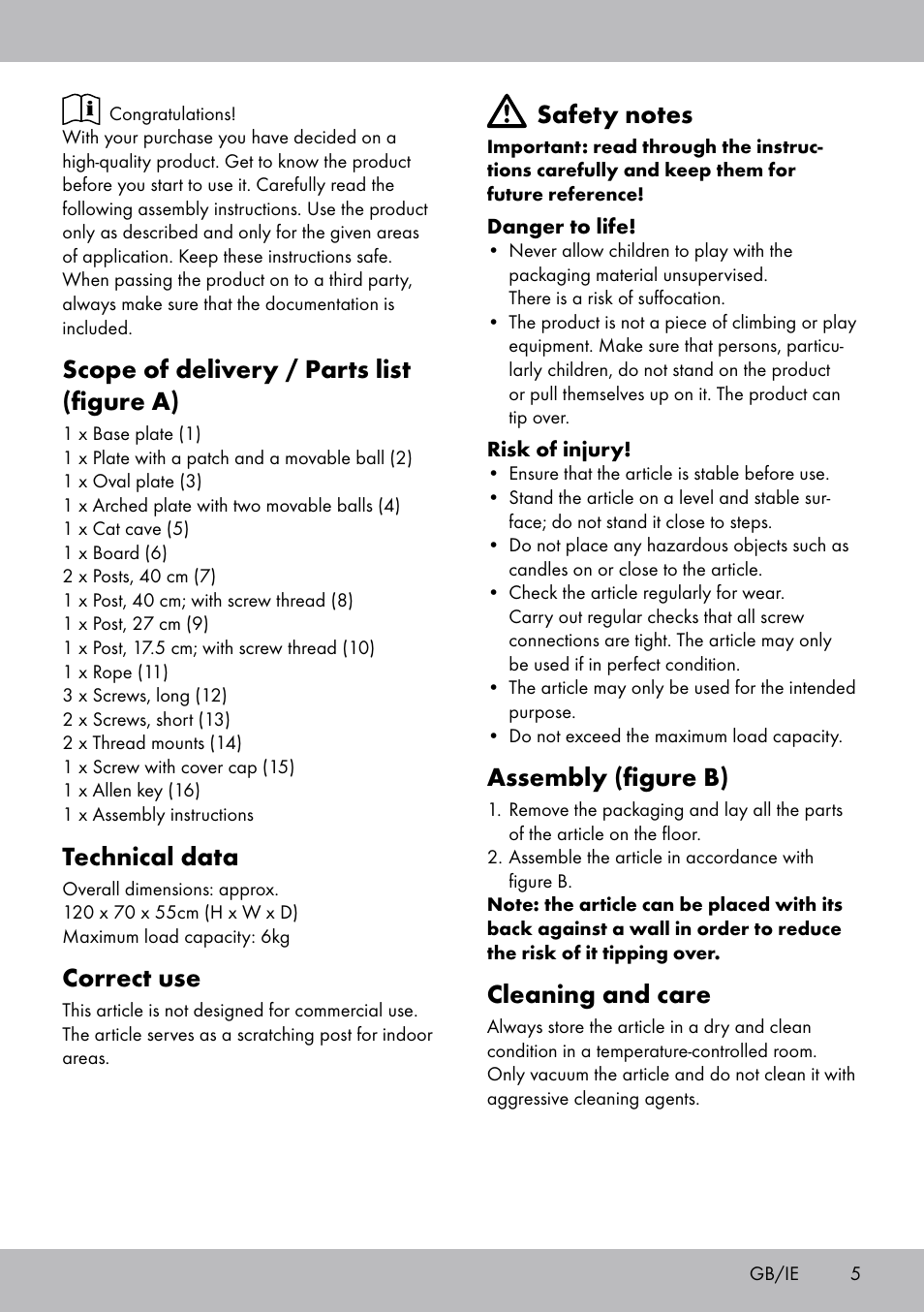 Scope of delivery / parts list (figure a), Technical data, Correct use | Assembly (figure b), Cleaning and care | Zoofari Cat Scratching Post User Manual | Page 3 / 18