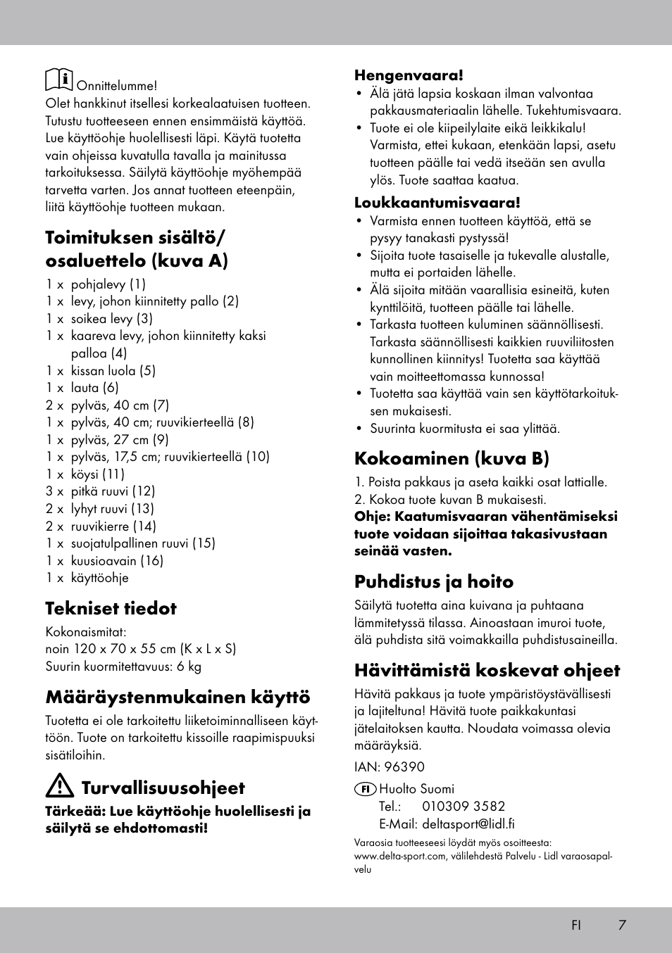 Toimituksen sisältö/ osaluettelo (kuva a), Tekniset tiedot, Määräystenmukainen käyttö | Turvallisuusohjeet, Kokoaminen (kuva b), Puhdistus ja hoito, Hävittämistä koskevat ohjeet | Zoofari Cat Scratching Post User Manual | Page 5 / 18