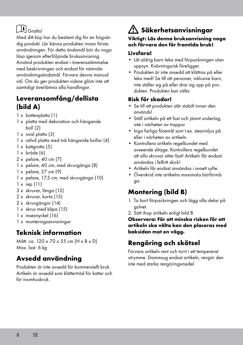 Leveransomfång/dellista (bild a), Teknisk information, Avsedd användning | Säkerhetsanvisningar, Montering (bild b), Rengöring och skötsel | Zoofari Cat Scratching Post User Manual | Page 6 / 18