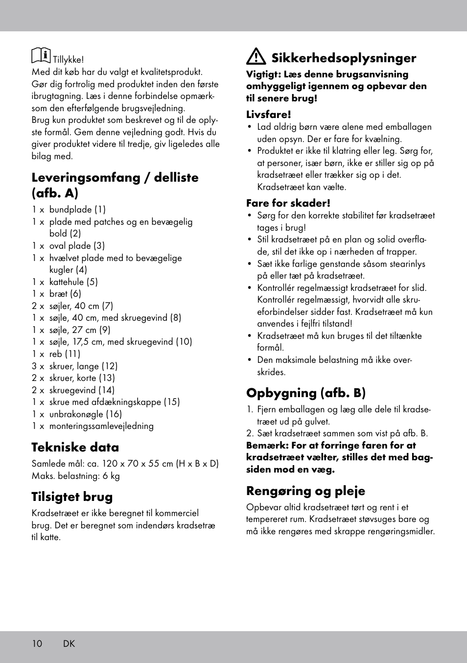 Leveringsomfang / delliste (afb. a), Tekniske data, Tilsigtet brug | Sikkerhedsoplysninger, Opbygning (afb. b), Rengøring og pleje | Zoofari Cat Scratching Post User Manual | Page 8 / 18