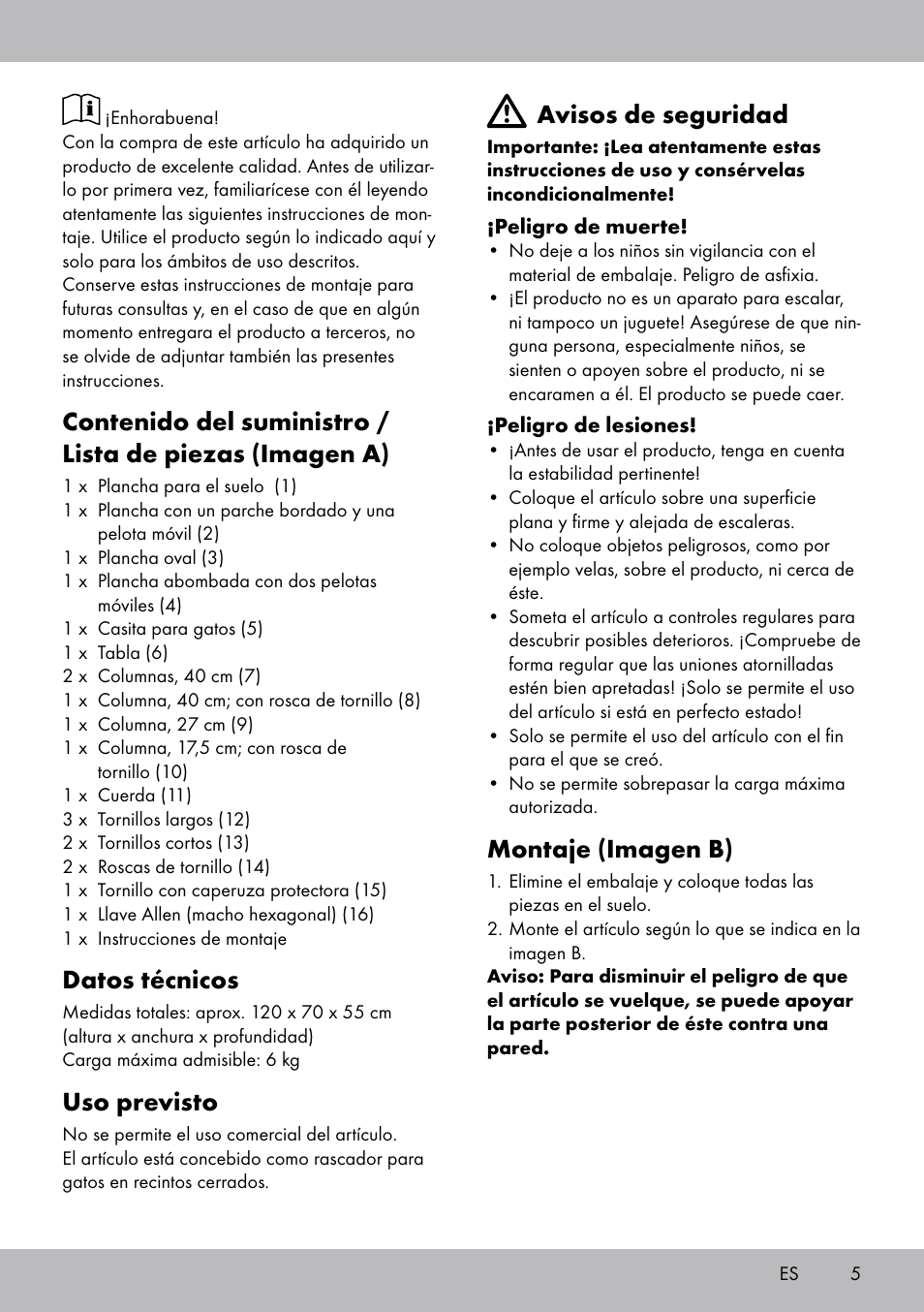 Datos técnicos, Uso previsto, Avisos de seguridad | Montaje (imagen b) | Zoofari Cat Scratching Post User Manual | Page 3 / 14