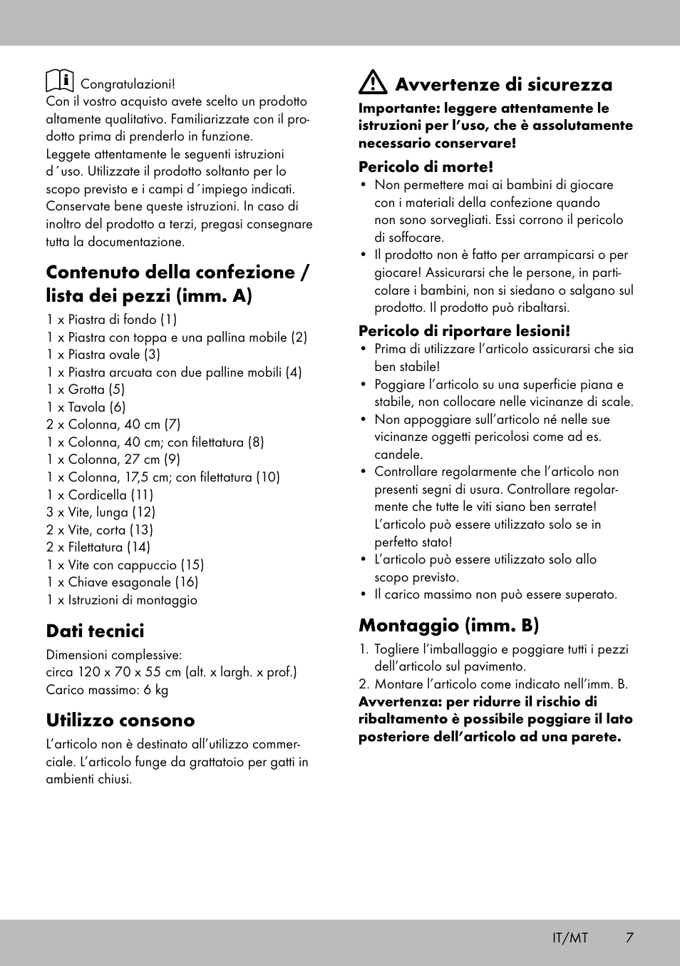 Dati tecnici, Utilizzo consono, Avvertenze di sicurezza | Montaggio (imm. b) | Zoofari Cat Scratching Post User Manual | Page 5 / 14