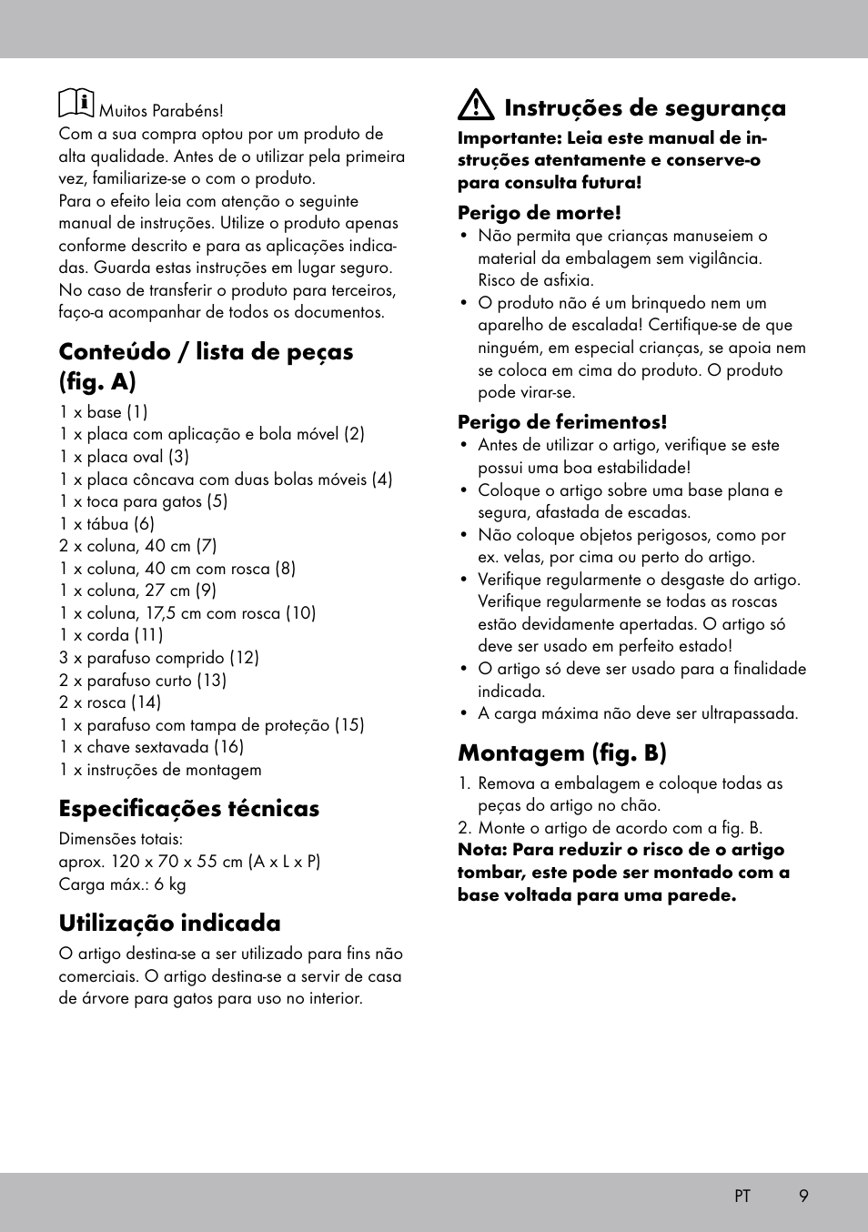 Conteúdo / lista de peças (fig. a), Especificações técnicas, Utilização indicada | Instruções de segurança, Montagem (fig. b) | Zoofari Cat Scratching Post User Manual | Page 7 / 14