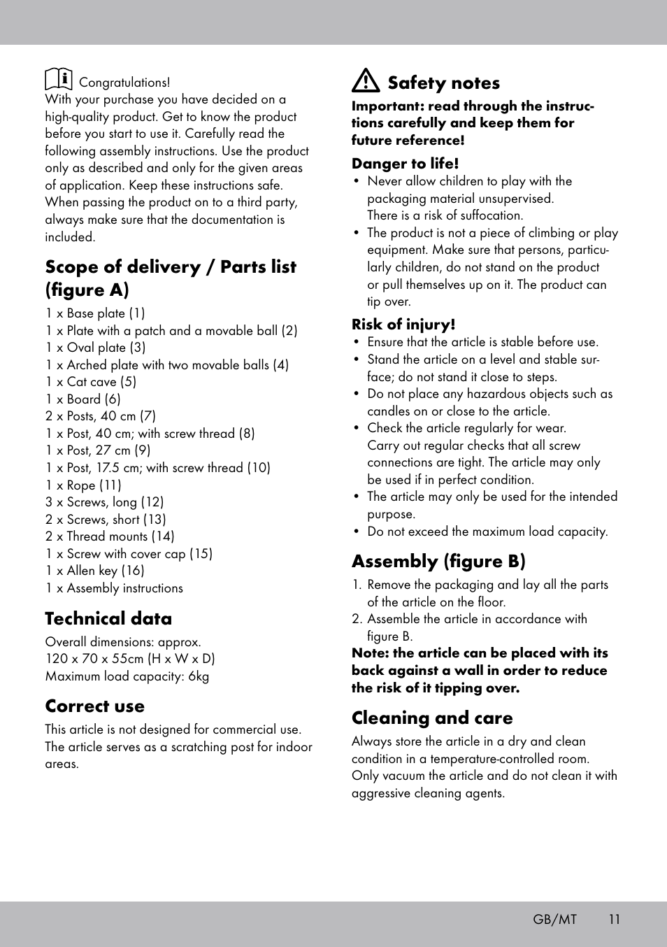 Scope of delivery / parts list (figure a), Technical data, Correct use | Assembly (figure b), Cleaning and care | Zoofari Cat Scratching Post User Manual | Page 9 / 14