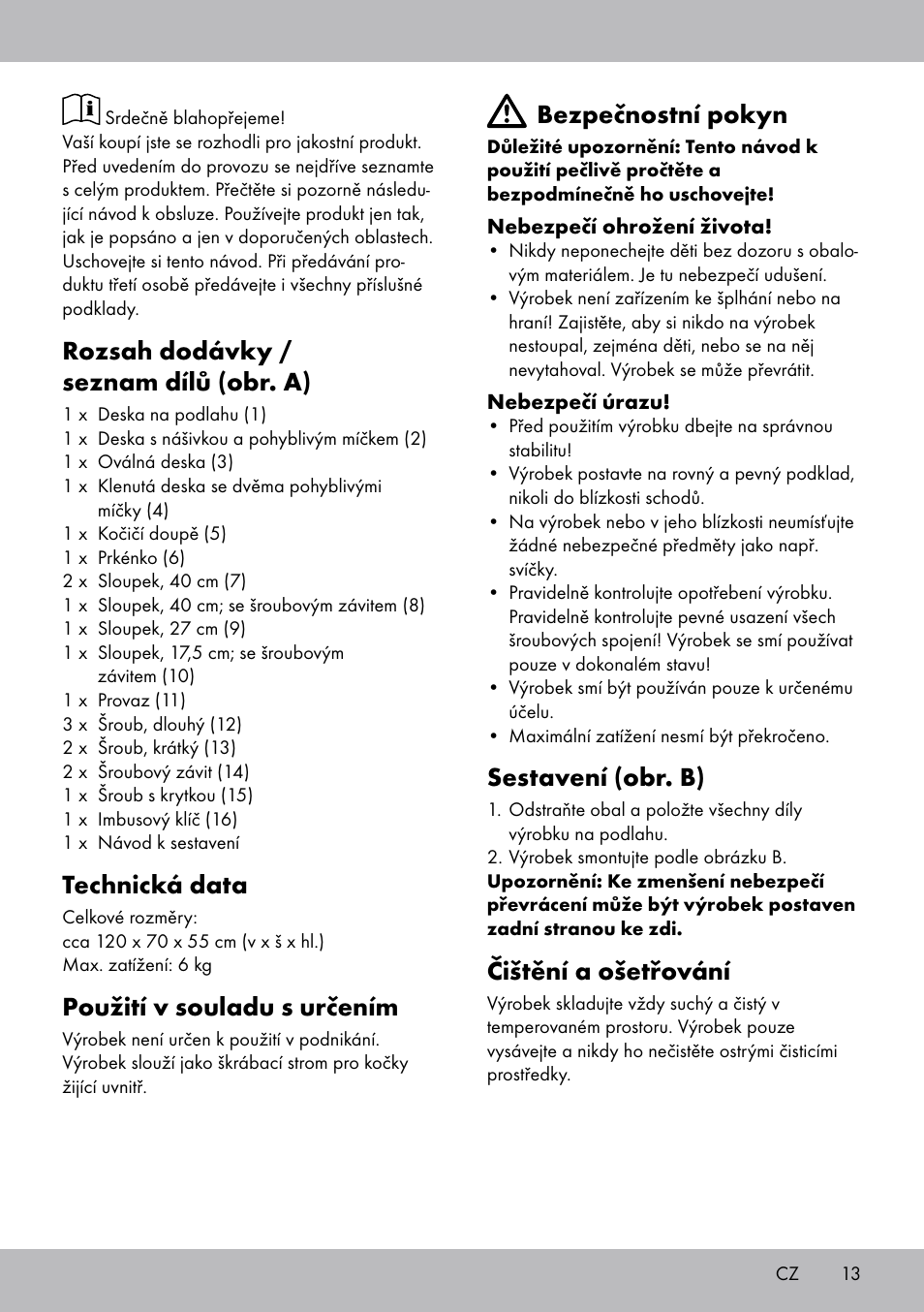 Rozsah dodávky / seznam dílů (obr. a), Technická data, Použití v souladu s určením | Bezpečnostní pokyn, Sestavení (obr. b), Čištění a ošetřování | Zoofari Cat Scratching Post User Manual | Page 11 / 18