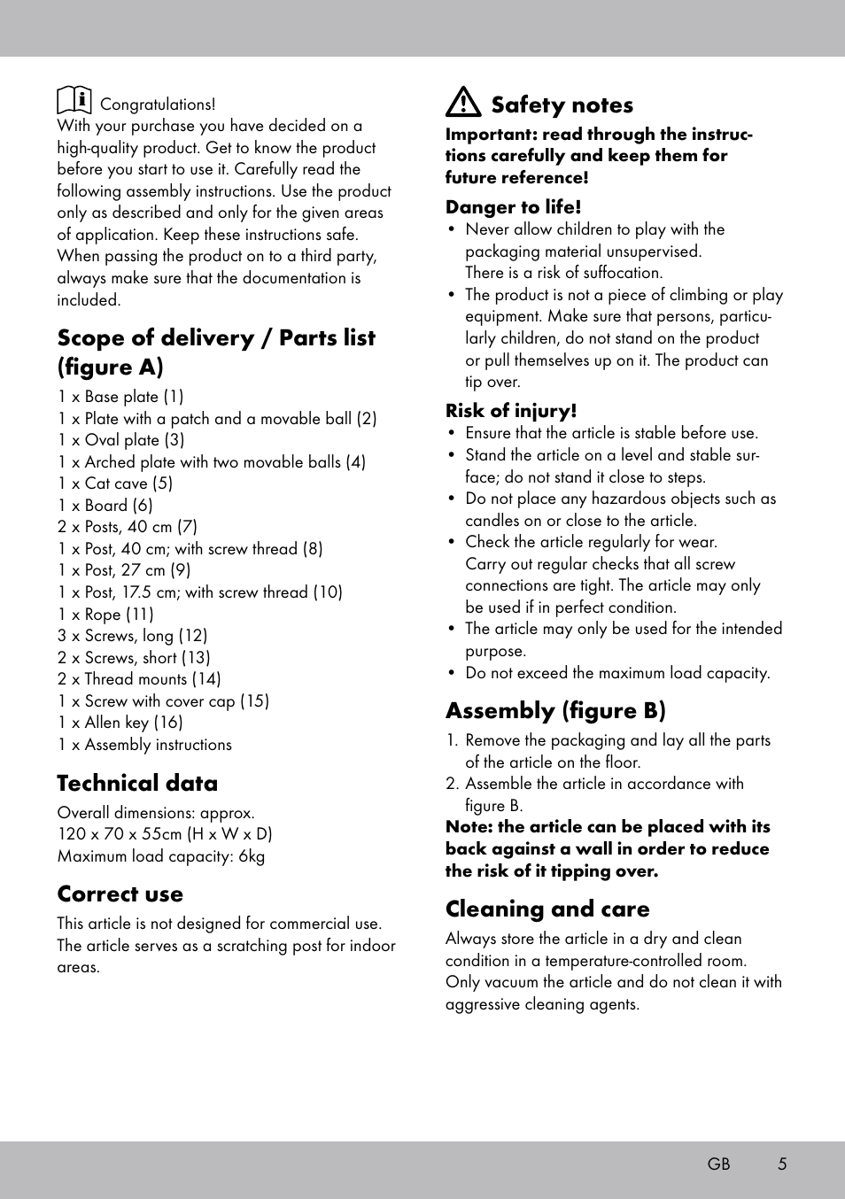 Scope of delivery / parts list (figure a), Technical data, Correct use | Assembly (figure b), Cleaning and care | Zoofari Cat Scratching Post User Manual | Page 3 / 18