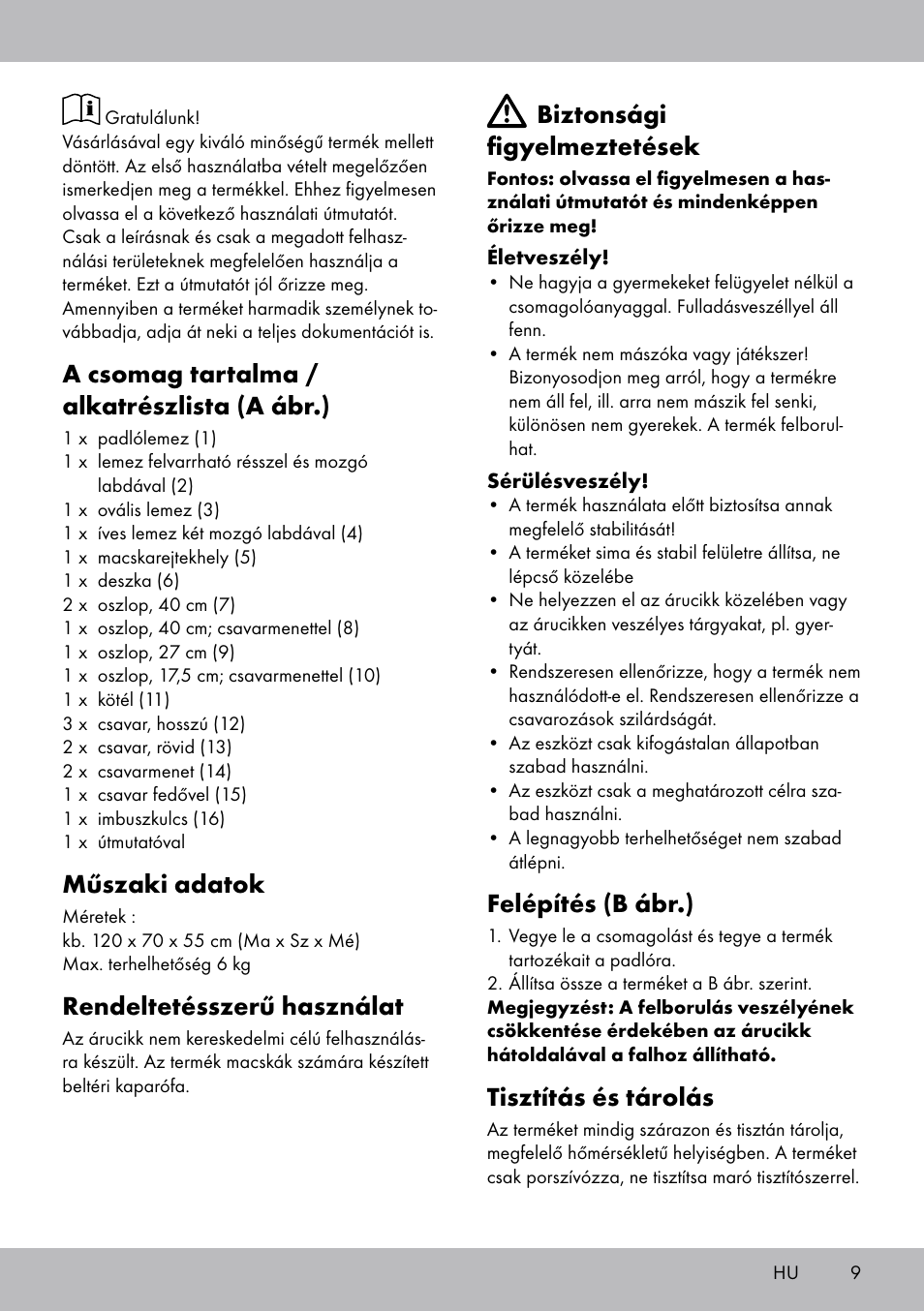 A csomag tartalma / alkatrészlista (a ábr.), Műszaki adatok, Rendeltetésszerű használat | Biztonsági figyelmeztetések, Felépítés (b ábr.), Tisztítás és tárolás | Zoofari Cat Scratching Post User Manual | Page 7 / 18