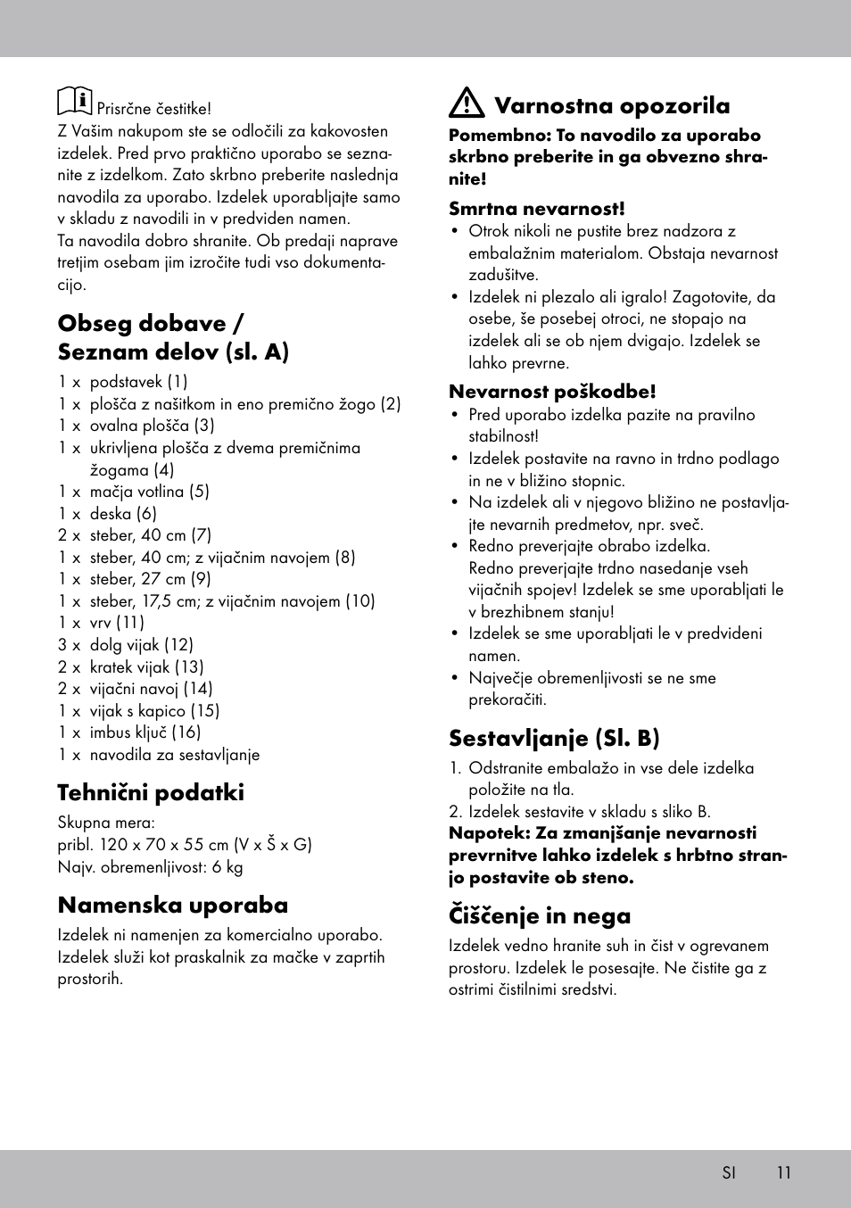 Obseg dobave / seznam delov (sl. a), Tehnični podatki, Namenska uporaba | Varnostna opozorila, Sestavljanje (sl. b), Čiščenje in nega | Zoofari Cat Scratching Post User Manual | Page 9 / 18