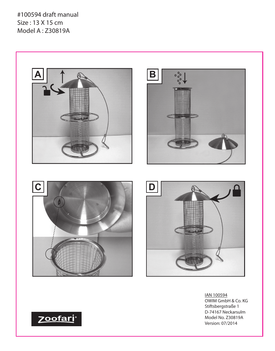 Zoofari Bird Feeder Z30819A User Manual | 1 page