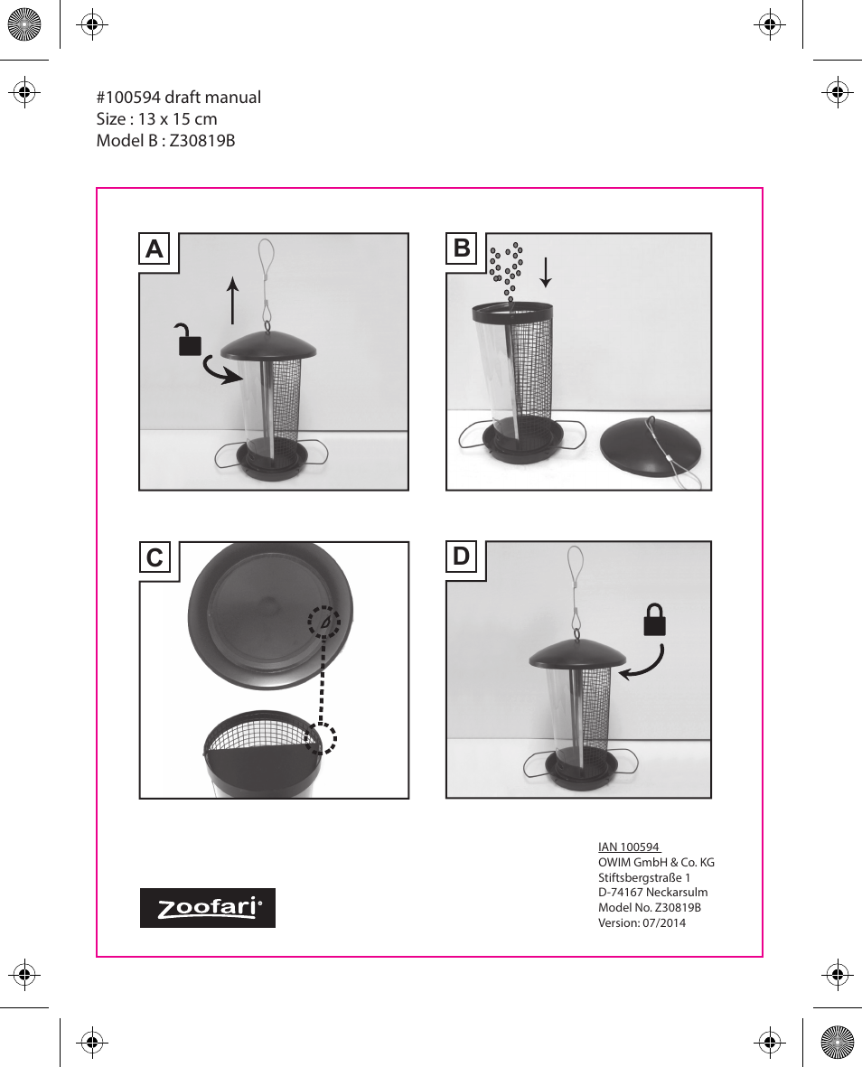 Zoofari Bird Feeder Z30819B User Manual | 1 page